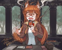 Rule 34 | 1girl, @ @, absurdres, ahoge, animal ears, bow, bowtie, brown eyes, brown hair, brown jacket, card, collared shirt, commission, fox ears, fox tail, glasses, highres, jacket, long sleeves, magic: the gathering, marika (zeddaru), morosuke, open mouth, original, playing card, red-framed eyewear, red bow, red bowtie, scared, shirt, signature, skeb commission, smoke, solo, tail, tears, twitter username, upper body, white shirt, wide-eyed, wing collar