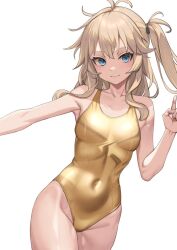 Rule 34 | 1girl, akahara tyun, antenna hair, blonde hair, blue eyes, breasts, covered navel, cowboy shot, gold one-piece swimsuit, groin, index finger raised, long hair, one-piece swimsuit, one side up, original, simple background, small breasts, solo, standing, swimsuit, white background