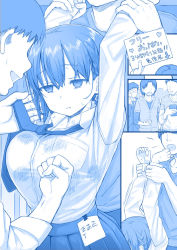 Rule 34 | 1girl, ai-chan (tawawa), arm grab, blue theme, braid, breast punch, breasts, clenched hand, comic, empty eyes, faceless, faceless male, getsuyoubi no tawawa, half-closed eyes, heart, jacket, large breasts, monochrome, multiple boys, necktie, open mouth, punching, ryona, school uniform, shirt, shirt tucked in, short hair, skirt, sweat, translation request, uniform, walkalone