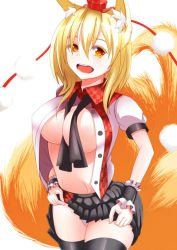 Rule 34 | 1girl, animal ears, black thighhighs, blonde hair, breasts, clothes lift, cosplay, female focus, fox ears, fox tail, hat, large breasts, looking at viewer, merry (diameri), multiple tails, open clothes, open mouth, panties, ribbon, shameimaru aya, shameimaru aya (cosplay), shirt, short hair, skirt, skirt lift, smile, solo, tail, thighhighs, tokin hat, touhou, underwear, upskirt, white panties, yakumo ran, yellow eyes