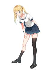 Rule 34 | 1girl, :d, absurdres, asymmetrical legwear, black socks, blonde hair, blue eyes, blush, breasts, collarbone, full body, hair ornament, hairclip, hand on own ass, hand on own thigh, head tilt, highres, itetsuku suika, kneehighs, leaning forward, legs apart, loafers, long hair, looking at viewer, medium breasts, midriff peek, neckerchief, open mouth, original, pleated skirt, sailor collar, school uniform, serafuku, shiny clothes, shiny skin, shoes, short sleeves, sidelocks, simple background, single thighhigh, skirt, smile, socks, solo, standing, thighhighs, twintails, uneven legwear, zettai ryouiki