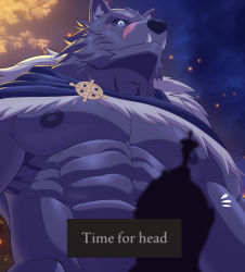 Rule 34 | 1boy, abs, bara, blaidd the half-wolf, bottomless, cloak, commentary, crestren, elden ring, english commentary, english text, from below, fur cloak, furry, furry male, glowing, glowing eye, height difference, highres, large pectorals, looking at viewer, male focus, muscular, muscular male, nipples, out-of-frame censoring, pectorals, short hair, solo focus, stomach, tusks, underpec, wolf boy
