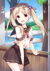 Rule 34 | 1girl, :d, amemiya ruki, animal print, blonde hair, blue sky, blush, bow, brown bow, brown sailor collar, brown skirt, cat print, cloud, collarbone, day, fingernails, hair bobbles, hair ornament, hair ribbon, highres, looking at viewer, md5 mismatch, moe2019, open mouth, original, outdoors, parted bangs, pink ribbon, plaid, plaid bow, pleated skirt, red eyes, ribbon, round teeth, sailor collar, school uniform, serafuku, shadow, shirt, short sleeves, skirt, sky, smile, solo, striped ribbon, teeth, thighhighs, tree, twintails, upper teeth only, water, white shirt, white thighhighs
