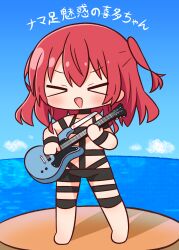Rule 34 | &gt; &lt;, 1girl, :d, > <, bare shoulders, barefoot, black choker, blue sky, blush, bocchi the rock!, chibi, choker, closed eyes, cloud, collarbone, day, electric guitar, facing viewer, full body, guitar, hair between eyes, hana kazari, highres, holding, holding instrument, horizon, hot limit, instrument, kita ikuyo, long hair, ocean, one side up, open mouth, outdoors, red hair, revealing clothes, sky, smile, solo, translation request, water, xd