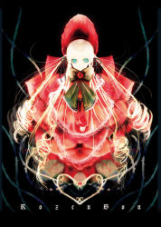 Rule 34 | 00s, 1girl, black background, blonde hair, blue eyes, bonnet, bow, dress, expressionless, full body, green bow, heart, kei (keigarou), long hair, looking at viewer, red dress, rozen maiden, shinku, solo, twintails, v arms