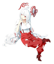 Rule 34 | 1girl, 9aki, boots, bow, breasts, cigarette, female focus, fujiwara no mokou, full body, hair bow, hair ribbon, hand to own mouth, highres, long hair, medium breasts, pants, red eyes, ribbon, silver hair, simple background, smoking, solo, suspenders, touhou, white background