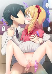 Rule 34 | 1boy, 1girl, blonde hair, blush, bow, breasts, censored, cleft of venus, clothes lift, curtains, dress, drill hair, erection, eromanga sensei, hair bow, hetero, highres, holding hands, interlocked fingers, izumi masamune, kiss, long hair, mosaic censoring, necktie, no panties, penis, pointless censoring, pointy ears, profile, pussy, qm, red bow, saliva, shirt, short hair, sitting, skirt, skirt lift, small breasts, spread legs, striped neckwear, sweat, testicles, tongue, tongue out, translation request, twin drills, window, yamada elf