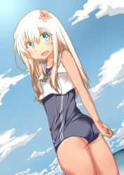 Rule 34 | 10s, 1girl, absurdres, ass, blonde hair, blue eyes, crop top, flower, from behind, gradient background, hair flower, hair ornament, highres, kantai collection, long hair, looking back, one-piece swimsuit, ro-500 (kancolle), school swimsuit, smile, solo, swimsuit, tan, tanline, yume (i think.)