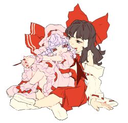 Rule 34 | 2girls, bat wings, black hair, bow, closed mouth, commentary request, crossed legs, detached sleeves, dress, eye contact, footwear bow, frown, hair bow, hair tubes, hakurei reimu, hat, hat ribbon, highres, interlocked fingers, long hair, looking at another, mob cap, multiple girls, ndasuzu (n64qd11), own hands together, pink dress, pink footwear, pink headwear, puffy short sleeves, puffy sleeves, purple hair, red bow, red eyes, red skirt, remilia scarlet, ribbon, ribbon-trimmed sleeves, ribbon trim, shoes, short sleeves, simple background, sitting, sitting on lap, sitting on person, skirt, skirt set, smile, socks, touhou, white background, wings