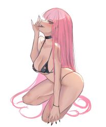 Rule 34 | 1girl, absurdres, bare legs, bikini, black bikini, black choker, black nails, black wristband, blunt bangs, blush, breasts, choker, cleavage, collarbone, commentary, english commentary, fang, finger to tongue, fingernails, highres, hololive, hololive english, kneeling, large breasts, long fingernails, long hair, looking at viewer, mori calliope, nail polish, open mouth, pink eyes, pink hair, s7nsles, simple background, skin fang, smile, solo, straight hair, swimsuit, thighs, tongue, tongue out, very long hair, virtual youtuber, white background