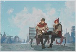 Rule 34 | 2boys, absurdres, adventurer (ff14), animal ears, ankle boots, bench, black footwear, black pants, black scarf, blue eyes, blue sky, boots, border, braid, braided ponytail, brown gloves, brown hair, brown shirt, burger, cape, cat boy, cat ears, cat tail, city, cloud, crossed bangs, day, elbow gloves, facial mark, final fantasy, final fantasy xiv, fingerless gloves, food, g&#039;raha tia, gloves, hair ornament, highres, holding, holding food, hyur, jushenger, looking at another, low ponytail, male focus, miqo&#039;te, multiple boys, neck tattoo, on bench, outdoors, pants, red cape, red eyes, red hair, scarf, shirt, short hair, single braid, sitting, sky, slit pupils, smile, swept bangs, tail, tattoo, thigh boots, twitter username, tying footwear, warrior of light (ff14), white border, wide shot, x hair ornament