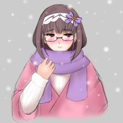 Rule 34 | 1girl, arm warmers, black hair, blush, commentary request, fate/grand order, fate (series), glasses, hair ribbon, hairband, highres, long hair, looking at viewer, morinokomichi, osakabehime (fate), purple eyes, ribbon, scarf, snow, solo
