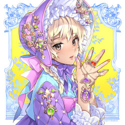 Rule 34 | 1girl, blonde hair, bonnet, bow, braid, brown eyes, fingernails, frilled sleeves, frills, from side, gem, green nails, jewelry, lolita fashion, long hair, long sleeves, looking at viewer, looking to the side, mole, mole under eye, mole under mouth, multicolored nails, nail polish, nardack, original, outside border, own hands together, pink bow, purple bow, purple headwear, purple nails, ring, single braid, solo, sweet lolita, upper body