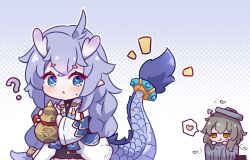 Rule 34 | 2girls, :q, ?, antenna hair, bailu (honkai: star rail), blue eyes, braid, brown eyes, chinese clothes, commentary, dragon, dragon girl, dragon horns, dragon tail, eastern dragon, english commentary, grey hair, hair between eyes, heart, holding gourd, honkai: star rail, honkai (series), horns, in trash can, kurotofu, long hair, looking at another, low twintails, multiple girls, parted lips, pointy ears, purple hair, sidelocks, simple background, spoken heart, stelle (honkai: star rail), tail, thick eyebrows, tongue, tongue out, trailblazer (honkai: star rail), trash can, trashcan lid, twin braids, twintails, wide sleeves
