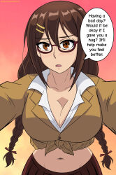 Rule 34 | 1girl, blush, braid, breasts, brown eyes, brown hair, cleavage, glasses, gradient background, hair ornament, hairclip, highres, incoming hug, jacket, josephscrand, kyochuu rettou, large breasts, long hair, looking at viewer, naruse chitose, navel, open mouth, pov, red-framed eyewear, school uniform, shirt, simple background, skirt, solo, tied jacket, tied shirt, twin braids, twitter username, upper body