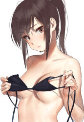 Rule 34 | 1girl, bikini, black bikini, breasts, brown eyes, brown hair, closed mouth, clothes in front, commentary request, furuyama itaru, long hair, looking at viewer, medium breasts, nude, original, ponytail, simple background, solo, swimsuit, upper body, wet, white background