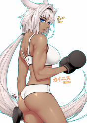Rule 34 | 1girl, ass, back, bare shoulders, bikini, black gloves, blue eyes, body markings, breasts, caenis (fate), character name, dark-skinned female, dark skin, dumbbell, exercising, fate/grand order, fate (series), gloves, hair intakes, hairband, highres, large breasts, long hair, looking at viewer, looking back, open mouth, ponytail, ryu seung, simple background, solo, sports bikini, swimsuit, tattoo, thighs, weightlifting, white background, white bikini, white hair