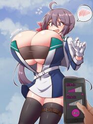Rule 34 | 1girl, 1other, ahoge, akebono (kancolle), alternate breast size, bandeau, black thighhighs, blue dress, blue sky, breast expansion, breasts, cellphone, cloud, dress, fang, flower, gloves, grey bandeau, grey hair, hair flower, hair ornament, highres, huge breasts, kantai collection, long hair, open clothes, phone, race queen, short dress, side ponytail, sky, smartphone, thighhighs, white gloves, yuki to hana