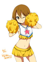 Rule 34 | 1girl, arms up, blush, brown eyes, brown hair, cheerleader, crop top, crop top overhang, dated, grin, hair down, k-on!, looking at viewer, midriff, navel, official style, one eye closed, pom pom (cheerleading), ragho no erika, short hair, signature, skirt, smile, solo, tainaka ritsu