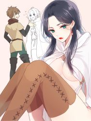 Rule 34 | 1girl, 2boys, animal, arslan, arslan senki, black hair, black thighhighs, blue eyes, boots, breasts, brown footwear, brown hair, brown thighhighs, cat, cloak, earrings, elam, eyelashes, falangies, green eyes, jewelry, large breasts, lips, long hair, looking at viewer, multiple boys, necklace, nmunco, open mouth, simple background, sitting, standing, sweatdrop, thigh boots, thighhighs
