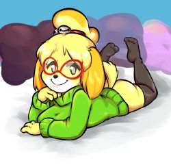 Rule 34 | 1girl, animal crossing, animal ears, ass, bespectacled, black thighhighs, blonde hair, breasts, cosplay, dog ears, dog girl, dog tail, furry, furry female, glasses, head rest, highres, isabelle (animal crossing), large breasts, looking at viewer, lying, nikki (swapnote), nintendo, no panties, on stomach, red-framed eyewear, smile, solo, sweater, tail, the pose, thighhighs, toes, turtleneck, yellow kirby