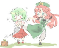 Rule 34 | &gt;:d, &gt;:o, 2girls, :d, :o, balancing, braid, chibi, china dress, chinese clothes, clapping, dress, female focus, flower pot, green eyes, green hair, hat, hong meiling, kazami yuuka, long hair, mokku, multiple girls, open mouth, outstretched arm, outstretched leg, plaid, plaid skirt, plaid vest, plant, potted plant, pouring, red eyes, red hair, short hair, side slit, simple background, skirt, skirt set, smile, standing, standing on one leg, star (symbol), touhou, twin braids, v-shaped eyebrows, vest, watering can, white background