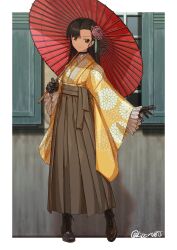 Rule 34 | 1girl, artist name, black gloves, black hair, border, brown hair, brown skirt, floral print, girls und panzer, gloves, hair ornament, highres, holding, japanese clothes, kimono, lace, lace gloves, liberta815, long skirt, looking at viewer, nishi kinuyo, parasol, skirt, sleeves past wrists, smile, solo, umbrella, white border, yellow kimono