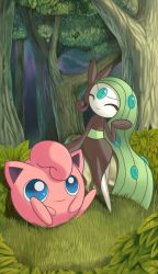 Rule 34 | ^ ^, blue eyes, closed eyes, collaboration, creature, creatures (company), closed eyes, facing another, forest, full body, game freak, gen 1 pokemon, gen 5 pokemon, grass, green hair, highres, jigglypuff, legendary pokemon, long hair, meloetta, meloetta (aria), mythical pokemon, nature, nintendo, pokemon, pokemon (creature), sitting, smile, the boogie, tree, volmise