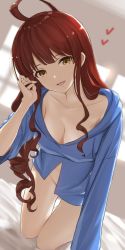 Rule 34 | 1girl, absurdres, ahoge, aiu eo, breasts, brown hair, cleavage, diantha (granblue fantasy), granblue fantasy, highres, long hair, looking at viewer, naked shirt, on bed, open mouth, shirt, smile, solo