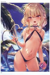 Rule 34 | 1girl, absurdres, artist request, bare shoulders, bikini, bikini pull, blonde hair, blush, breasts, clothes pull, day, demon, fang, highres, looking at viewer, medium hair, navel, open mouth, outdoors, palm tree, partially submerged, pointy ears, pubic tattoo, red eyes, shiny skin, sidelocks, small breasts, smile, solo, standing, swimsuit, tail, tattoo, toranoana, tree, wading, water, wet, wings