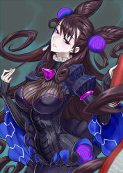 Rule 34 | 1girl, black dress, blush, breasts, brown hair, calligraphy brush, cone hair bun, double bun, dress, fate/grand order, fate (series), gem, grey background, hair bun, highres, holding, holding brush, juliet sleeves, large breasts, long hair, long sleeves, looking at viewer, murasaki shikibu (fate), ninnin (shishitou), paintbrush, puff and slash sleeves, puffy sleeves, purple eyes, purple gemstone, scroll, sleeves past wrists, solo, two side up, very long hair, wide sleeves