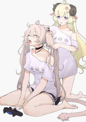 Rule 34 | 2girls, ahoge, animal ears, bare legs, barefoot, between legs, black choker, black shorts, blonde hair, blush, breasts, brushing hair, choker, closed eyes, clothes writing, collarbone, controller, ear piercing, full body, game controller, gamepad, grey background, hair between eyes, hair ornament, hair ribbon, hairclip, hairdressing, hand between legs, highres, holding, holding another&#039;s hair, holding hair, hololive, horns, jewelry, kneeling, large breasts, lion ears, lion girl, lion tail, long hair, looking at another, messy hair, mitsuru (pixiv 34028718), multiple girls, necklace, off shoulder, official alternate costume, open mouth, oversized clothes, oversized shirt, piercing, playstation controller, print shirt, purple eyes, red ribbon, ribbon, sheep ears, sheep girl, sheep horns, shirt, shishiro botan, shishiro botan (casual), short shorts, short sleeves, shorts, sidelocks, simple background, single bare shoulder, sitting, t-shirt, tail, teeth, thighs, tsunomaki watame, twintails, twintails day, tying hair, upper teeth only, very long hair, virtual youtuber, wariza, white background, white shirt, yawning