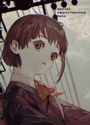 Rule 34 | 1girl, absurdres, albino (a1b1n0623), asymmetrical hair, bag, bow, bowtie, brown eyes, brown hair, collared shirt, hair ornament, highres, iwakura lain, jacket, looking at viewer, outdoors, overcast, parted lips, power lines, school uniform, serial experiments lain, shirt, short hair, shoulder bag, single sidelock, sky, solo, upper body, wide-eyed, x hair ornament