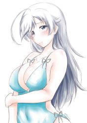Rule 34 | 1girl, ahoge, black eyes, black hair, blue one-piece swimsuit, blush, breasts, cleavage, covered navel, girls und panzer, half-closed eyes, hand on own arm, isuzu hana, large breasts, long hair, looking at viewer, navel, one-piece swimsuit, parted lips, side-tie swimsuit, simple background, sketch, smile, solo, standing, swimsuit, traditional media, twitter username, white background, yts takana