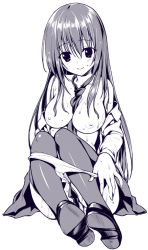 Rule 34 | 1girl, bad id, bad pixiv id, between breasts, blush, breasts, full body, large breasts, loafers, long hair, looking at viewer, monochrome, necktie, necktie between breasts, nipples, original, oryo (oryo04), panties, panty pull, shoes, simple background, sitting, skirt, smile, solo, thighhighs, underwear, wet, white background