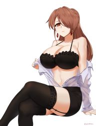 Rule 34 | 1girl, absurdres, artist name, black bra, black skirt, black thighhighs, bow, bow bra, bra, breasts, brown eyes, brown hair, character request, collared shirt, copyright request, dress shirt, earrings, garter straps, hair over one eye, highres, invisible chair, jewelry, large breasts, long hair, long sleeves, looking at viewer, miniskirt, mole, mole under mouth, navel, pencil skirt, ponytail, sendo (sendrawz), shirt, sitting, skirt, solo, thighhighs, underwear, undressing, white shirt