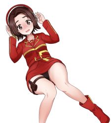 Rule 34 | 1girl, absurdres, alternate costume, aomushi (mushamusha), arms up, belt, black panties, blush, boots, brown eyes, brown hair, commentary request, dutch angle, frown, girls und panzer, headphones, highres, holster, jacket, legs, long sleeves, looking at viewer, miniskirt, open mouth, panties, pantyshot, parted bangs, pencil skirt, red belt, red footwear, red jacket, red skirt, sawa azusa, short hair, simple background, sitting, skirt, solo, sweat, thigh strap, underwear, white background