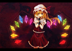Rule 34 | 1girl, against wall, blonde hair, cuffs, female focus, fingernails, flandre scarlet, glowing, glowing wings, handcuffs, hangetsuakibarika, laevatein, letterboxed, licking, looking at viewer, nail polish, ponytail, rainbow order, red background, red eyes, red nails, side ponytail, solo, standing, tiny (pixiv), tongue, touhou, wallpaper, wings