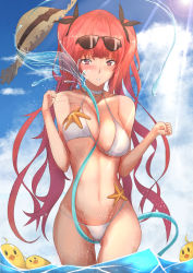 Rule 34 | 1girl, alternate costume, azur lane, bare arms, between breasts, bikini, black ribbon, blue sky, blush, body writing, breast lift, breasts, choker, cleavage, cloud, collarbone, day, eyewear on head, gluteal fold, groin, hair ribbon, hat, unworn hat, unworn headwear, highres, honolulu (azur lane), honolulu (summer accident?!) (azur lane), hose, hose between breasts, in water, large breasts, long hair, looking at viewer, navel, outdoors, parted lips, partially submerged, red eyes, red hair, ribbon, sidelocks, sky, solo, splashing, starfish, stomach, sun, sun hat, sunglasses, sunlight, swimsuit, tan, thighs, twintails, wading, water, white bikini, yusha m