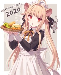 Rule 34 | 1girl, 2020, ahoge, animal ears, apron, black ribbon, blonde hair, blunt bangs, border, cheese, food, fruit, grapes, happy new year, hijiri (resetter), looking at viewer, maid, maid apron, maid headdress, mouse (animal), mouse ears, new year, original, outside border, red eyes, ribbon, simple background, solo, twintails, white apron, white border