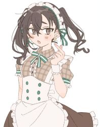 Rule 34 | 1girl, alternate costume, apron, arm at side, blush, bow, bowtie, breasts, brown eyes, brown hair, brown shirt, brown skirt, center opening, collared shirt, crossed bangs, earrings, enmaided, finger heart, hair between eyes, hamuchosu, hand up, highres, idolmaster, idolmaster cinderella girls, jewelry, looking at viewer, maid, maid apron, maid headdress, medium hair, mole, mole under eye, open mouth, raised eyebrows, shirt, short sleeves, simple background, skirt, small breasts, solo, sunazuka akira, twintails, white background, wrist cuffs