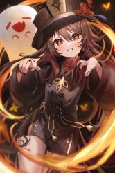Rule 34 | 1girl, arms up, black hat, black nails, blush, breasts, brown hair, bug, butterfly, claw pose, dasha, fire, flower, genshin impact, ghost, hair between eyes, hat, hat flower, highres, hu tao (genshin impact), insect, jewelry, long hair, long sleeves, looking at viewer, nail polish, red eyes, ring, shorts, small breasts, smile, solo, symbol-shaped pupils, teeth, twintails, very long hair, wide sleeves