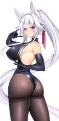 Rule 34 | 1girl, absurdly long hair, animal ear fluff, animal ears, ass, bare shoulders, black gloves, black leotard, blush, breasts, covered erect nipples, elbow gloves, fox ears, fox shadow puppet, from behind, gloves, hair between eyes, hair ribbon, huge ass, huge breasts, impossible clothes, kippuru, large breasts, leotard, long hair, looking at viewer, open mouth, original, pantyhose, parted lips, ponytail, purple eyes, ribbon, shiny clothes, shiny skin, sideboob, simple background, skin tight, solo, standing, very long hair, white background, white hair