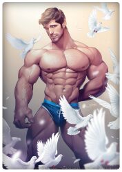 Rule 34 | bara, beard, bird, blue male underwear, blurry, border, brown hair, chest hair, closed mouth, collarbone, cowboy shot, depth of field, dove, ear piercing, earrings, facial hair, gradient background, highres, jewelry, looking at viewer, male focus, male underwear, muscular, muscular male, navel, nipples, pectorals, photo-referenced, piercing, real life, sideburns, signature, silverjow, sparse chest hair, steve moriarty, underwear, veins, white border