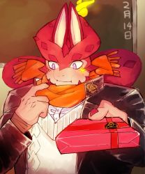 Rule 34 | 1boy, alternate costume, black jacket, blush, colored sclera, cthugha (housamo), extra ears, furry, furry male, gakuran, incoming gift, jacket, kenetsu sumi (no miso crash), looking at viewer, male focus, monster boy, octopus boy, open clothes, open jacket, orange scarf, pout, purple eyes, scales, scarf, school uniform, solo, sweater, tentacles, tentacle hair, thick eyebrows, tokyo houkago summoners, white sweater, yellow sclera