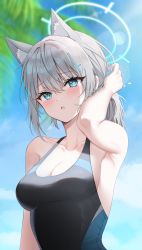 Rule 34 | 1girl, absurdres, animal ear fluff, animal ears, arm up, armpits, bare arms, bare shoulders, black one-piece swimsuit, blue archive, blue eyes, breasts, cleavage, competition swimsuit, extra ears, fox ears, grey hair, halo, highres, lethe (lethe187), long hair, looking at viewer, medium breasts, mismatched pupils, one-piece swimsuit, parted lips, ponytail, shiroko (blue archive), shiroko (swimsuit) (blue archive), solo, swimsuit, upper body