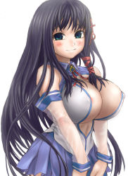 Rule 34 | 1girl, areola slip, asanagi, black hair, blue skirt, breasts, cleavage, covered erect nipples, detached sleeves, huge breasts, long hair, os-tan, see-through, simple background, skirt, smile, solo, white background, xp-tan