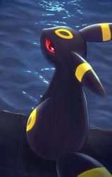 Rule 34 | commentary request, creatures (company), from behind, game freak, gen 2 pokemon, glowing markings, highres, looking at viewer, looking back, midori ryoueoru, nintendo, no humans, pokemon, pokemon (creature), red eyes, sitting, solo, umbreon, water