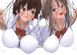 Rule 34 | 2girls, bow, bowtie, breasts, brown eyes, brown hair, cleavage, commentary request, kaisen chuui, large breasts, long hair, multiple girls, open mouth, original, red bow, red bowtie, school uniform, short hair, simple background, suspension, white background