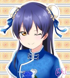 Rule 34 | 1girl, blue dress, blue hair, blush, bun cover, china dress, chinese clothes, double bun, dress, hair bun, highres, long hair, looking at viewer, love live!, love live! school idol festival, love live! school idol project, one eye closed, portrait, smile, solo, sonoda umi, split mouth, yellow eyes